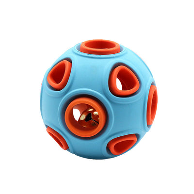 Blue and orange rubber pet toy ball with multiple circular cutouts, designed for interactive play and chewing. - Image 10