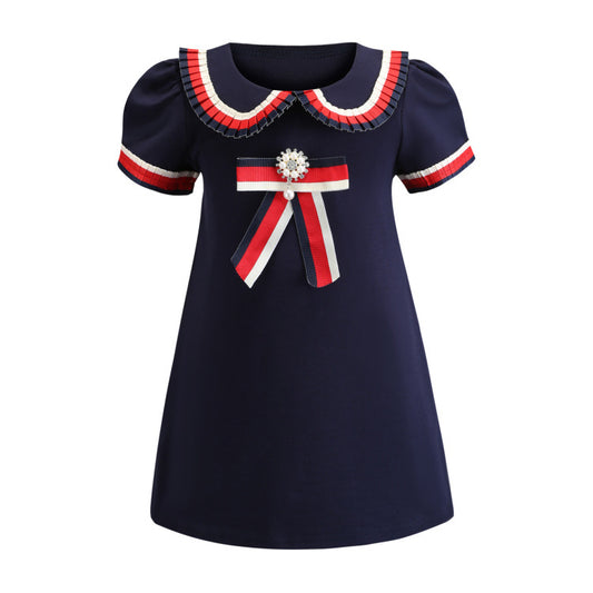 Vestido Infantil con Cuello Solapa y Moño