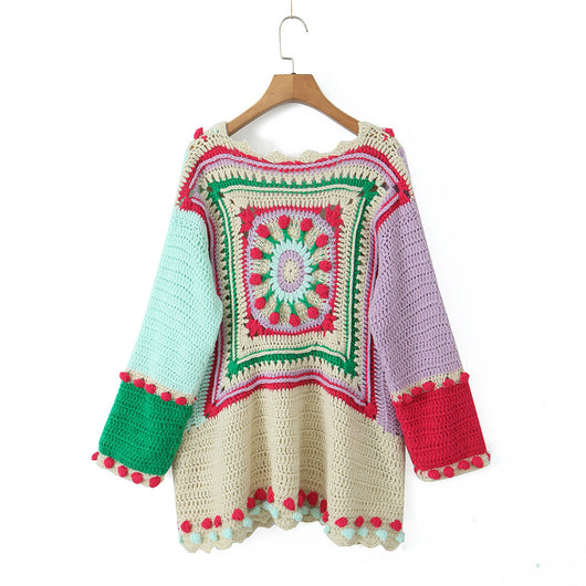 Suéter Tejido a Mano Jacquard Combinado - Manga Larga Estilo Vacacional - Image 4