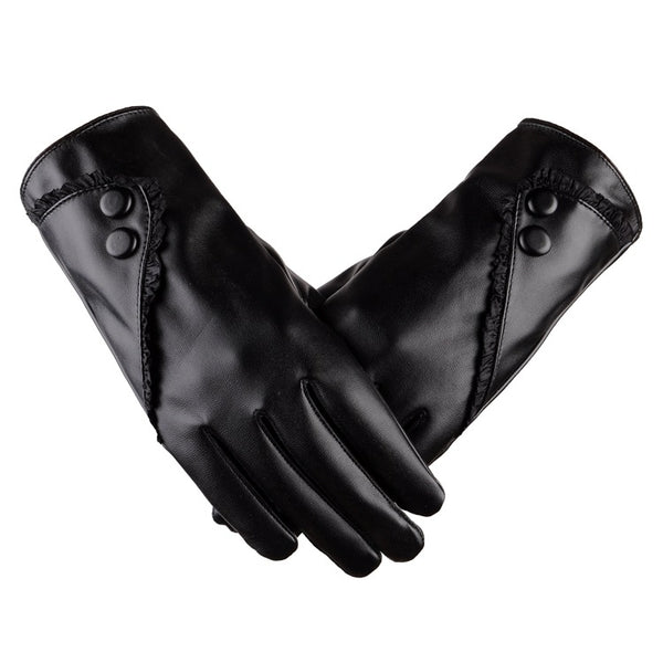 Guantes de Cuero PU para Mujer con Encaje y Botones