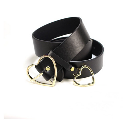 Black imitation leather belt with a silver heart-shaped pin buckle and a dangling silver heart charm. - Image 2