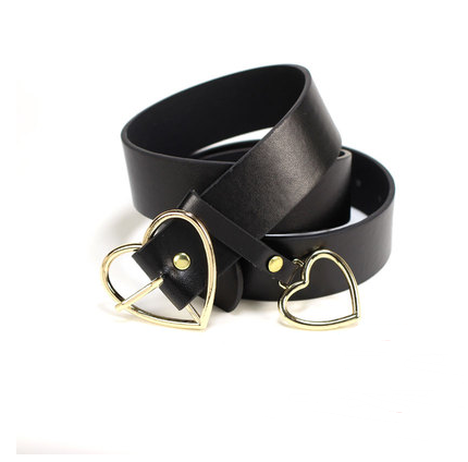 Black imitation leather belt with a silver heart-shaped pin buckle and a dangling silver heart charm. - Image 2