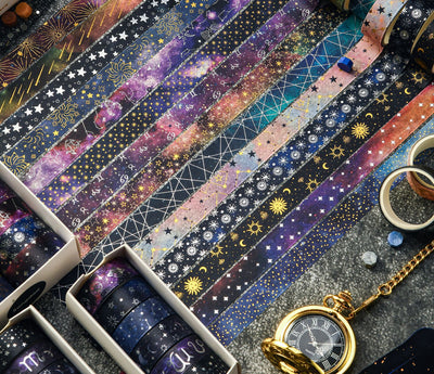 Set of six 1.5cm wide decorative tapes featuring starry sky, zodiac signs, moon phases, constellations, and planets. - Image 21