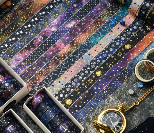 Set of six 1.5cm wide decorative tapes featuring starry sky, zodiac signs, moon phases, constellations, and planets. - Image 21