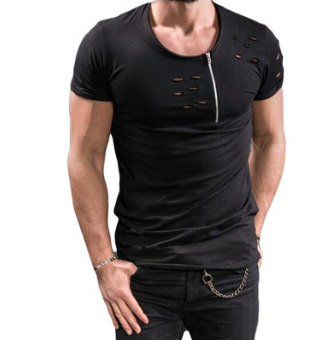 Camiseta Hombre Manga Corta con Cierre y Detalles Rotos - Image 9