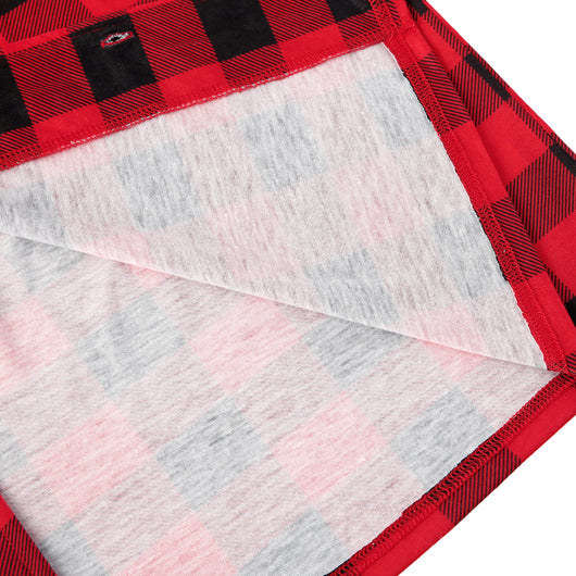 Baby in a red and black buffalo plaid long-sleeve pajama romper, viewed from the back with arms raised. - Image 15