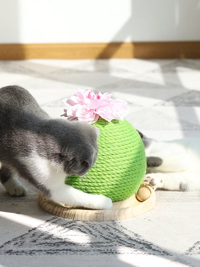 Green rope cat scratching toy shaped like a cactus with a pink flower on top, sitting on a light wood base. - Image 16