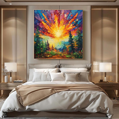 Cuadro Óleo Pintado a Mano - Amanecer en el Bosque con Luz Brillante | Arte Moderno 3D para Hogar - Image 4