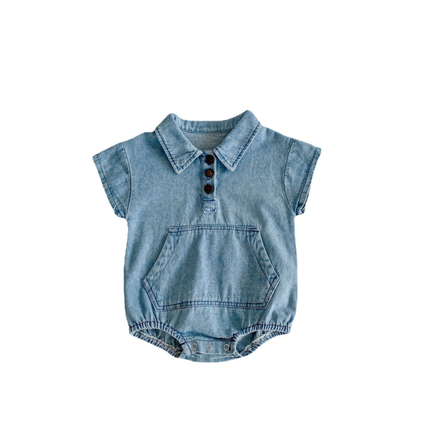 Mono de Algodón Denim para Niña - Manga Corta con Bolsillos Grandes