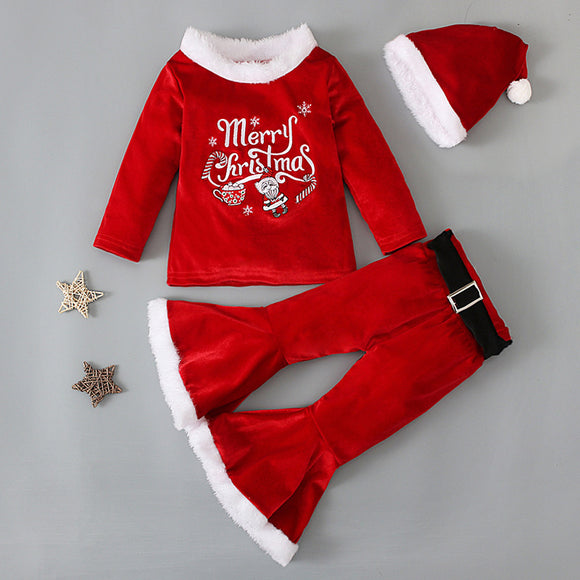 Conjunto Navideño Infantil: Blusa de Peluche, Pantalón Acampanado y Gorro