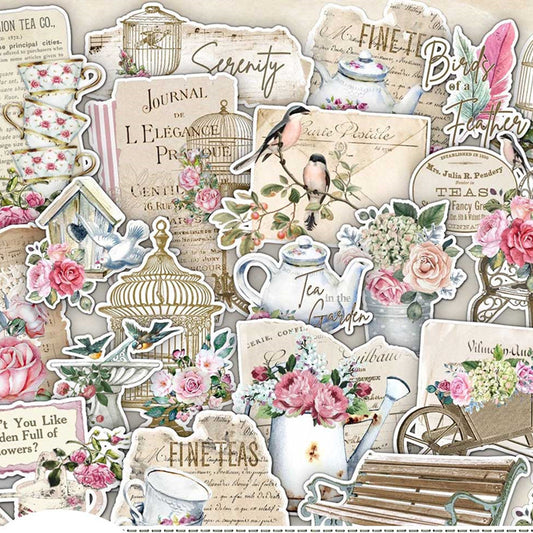 Vintage-style decorative stickers featuring birdcages, teapots, teacups, birds, and pink floral designs for scrapbooking.