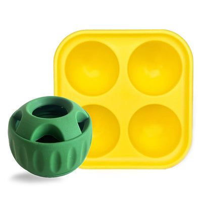 Green silicone treat-dispensing dog toy and yellow silicone slow feeder mat with four round compartments. - Image 8