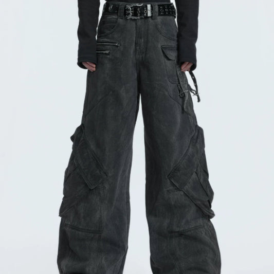 Pantalones Vaqueros Vintage Estilo Trabajo con Bolsillos Amplios y Detalles Gastados