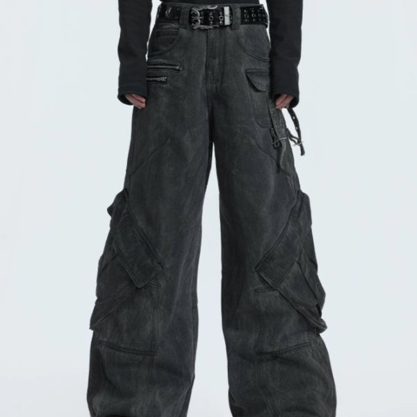 Pantalones Vaqueros Vintage Estilo Trabajo con Bolsillos Amplios y Detalles Gastados