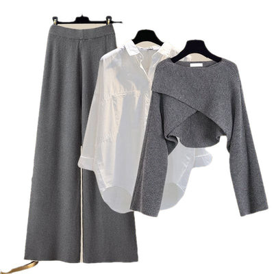 Conjunto de Tres Piezas Otoño-Invierno: Suéter Tejido, Camisa y Pantalón Ancho para Mujer - Image 6