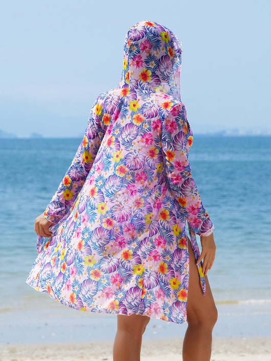 Woman in a red multicolor floral print three-piece swimsuit with high-waisted bikini and long-sleeve cover-up, straw hat, and sunglasses on a beach. - Image 12