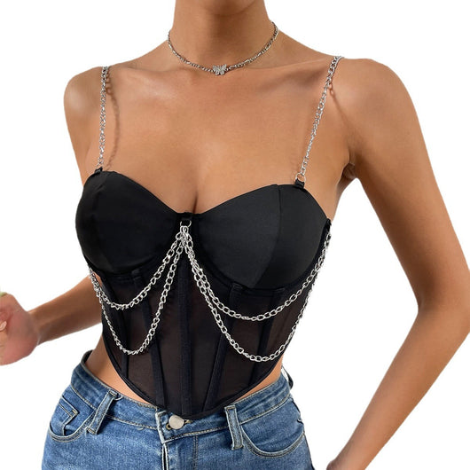 Top de Malla Transparente Escote Profundo Asimétrico con Tirantes de Cadena - Image 5