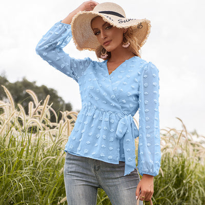 Blusa Elegante de Encaje Jacquard con Escote V y Mangas Largas - Image 5