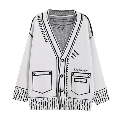 Cardigan Tejido Estilo Cómics Graffiti Blanco y Negro - Image 23