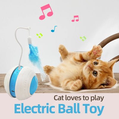 Electric pet toy ball with white and blue design, featuring a flexible arm with a blue feather teaser and a detachable feather. - Image 6