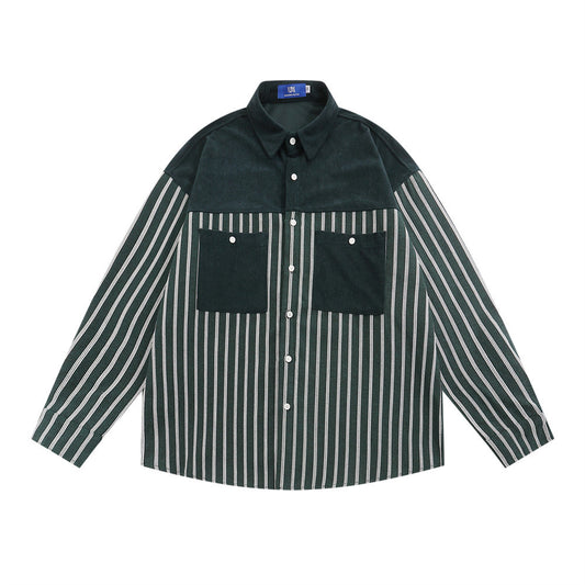 Camisa Casual de Manga Larga con Rayas Verticales y Bolsillo Contraste