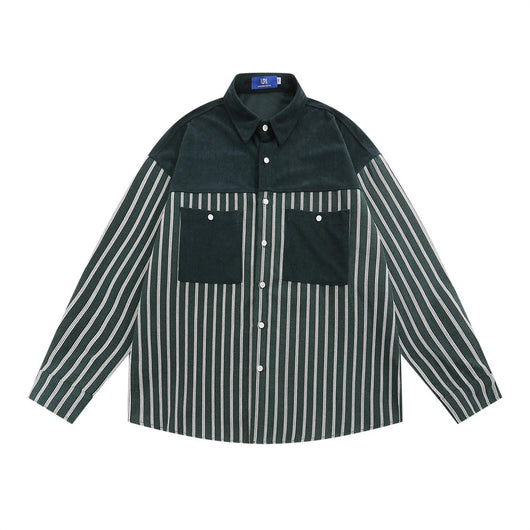 Camisa Casual de Manga Larga con Rayas Verticales y Bolsillo Contraste