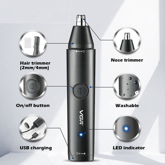 Black rechargeable 2-in-1 nose and eyebrow hair trimmer kit with USB cable, cleaning brush, and protective caps.