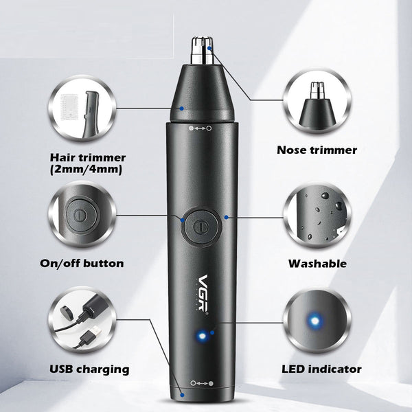 Black rechargeable 2-in-1 nose and eyebrow hair trimmer kit with USB cable, cleaning brush, and protective caps.
