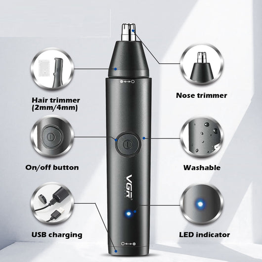 Black rechargeable 2-in-1 nose and eyebrow hair trimmer kit with USB cable, cleaning brush, and protective caps.