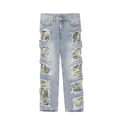 Pantalones Rectos de Camuflaje con Parches y Flecos Rotos para Hombre