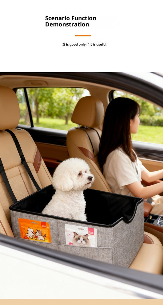 Beige pet car seat with a small white dog inside, secured to a car's passenger seat, designed for safe travel. - Image 12