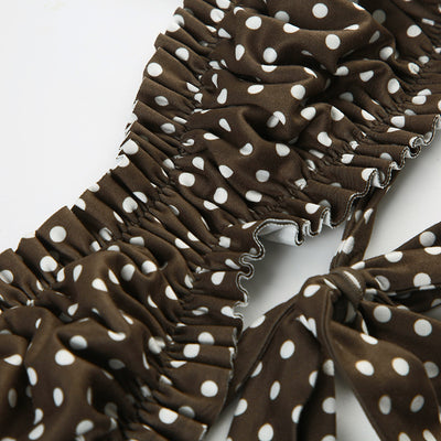Dark brown polka dot halter bikini top with matching shirred high-waisted shorts for women. - Image 34
