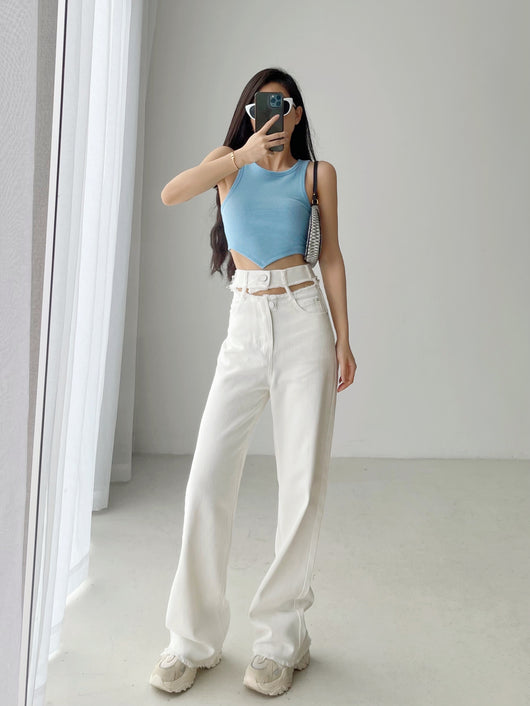 Pantalón Denim Recto con Borde Crudo y Drapeado Hueco - Image 16