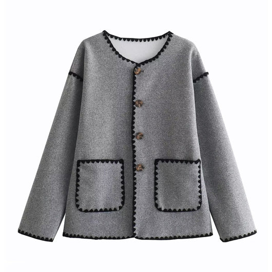 Chaqueta de Lana Elegante con Detalles de Bolsillos y Combinación de Colores Europeo-Americana - Image 10