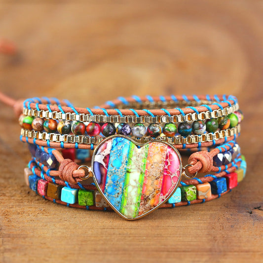 Pulsera de Cuero Tejida a Mano con Piedra Imperial en Forma de Corazón
