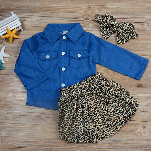 Conjunto de 3 Piezas Infantil Otoño: Blusa Denim, Falda Leopardo y Diadema - Image 2