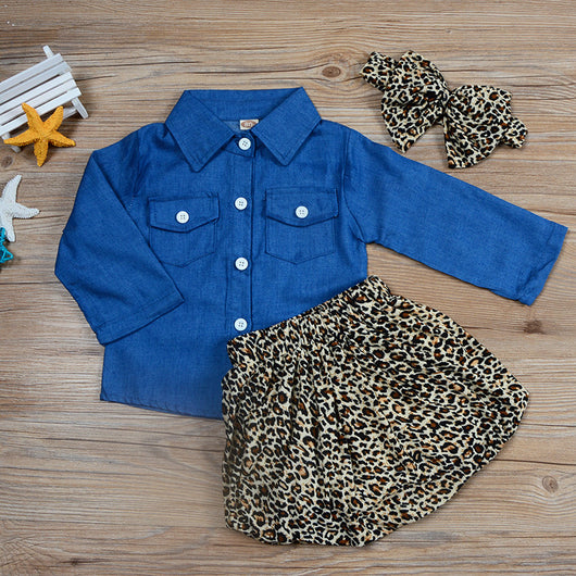 Conjunto de 3 Piezas Infantil Otoño: Blusa Denim, Falda Leopardo y Diadema - Image 2