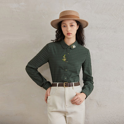 Camisa Cuadriculada Bordada de Algodón Puro para Mujer - Corte Slim Manga Larga - Image 12