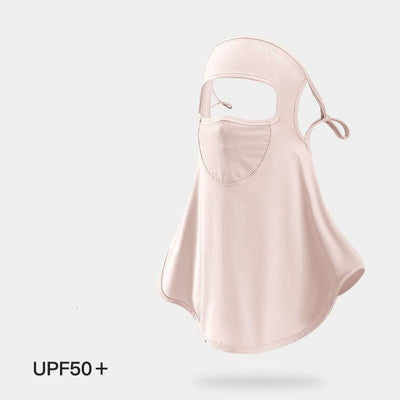Light grey women's ice silk sunscreen mask with a brim, ear loops, and mesh mouth for UPF50+ UV protection. - Image 8