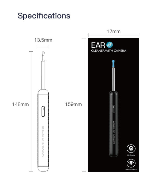Blue wireless ear endoscope with camera, displaying an ear canal view on a smartphone, with various silicone ear spoon heads, charging cable, and storage jar. - Image 13