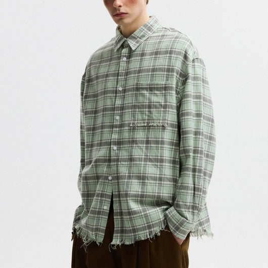 Camisa a Cuadros Unisex Estilo Americano Otoñal con Bordes Deshilachados - Image 13