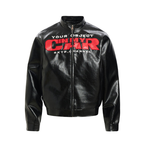 Chaqueta de Cuero PU Estilo Motociclista Americana con Parches