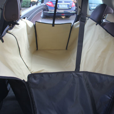 Dark blue car pet seat cover with white star pattern installed in a vehicle's back seat. - Image 11