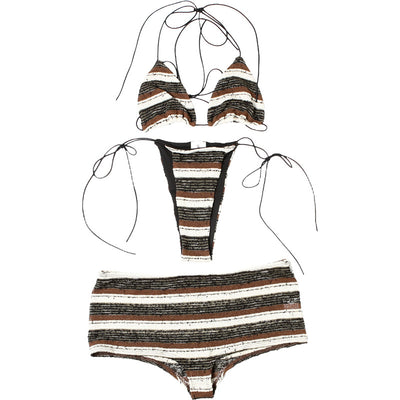 Women's fashion sexy halter lace-up striped bikini three-piece suit with brown, black, and white stripes. - Image 21