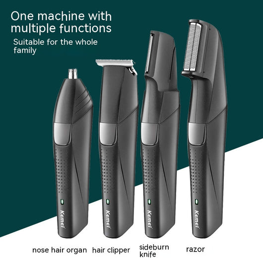 Black Kemei electric hair clipper grooming kit with multiple attachments and charging stand on a white background. - Image 4