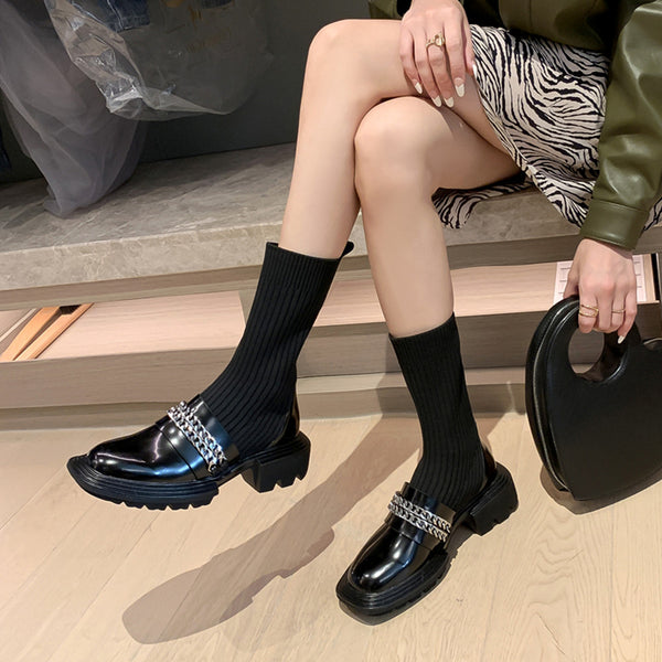 Zapatos Mujer Cuero Tejido Elástico Caña Media Confort
