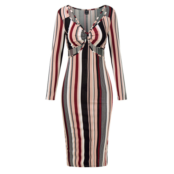 Vestido de Manga Larga a Rayas con Pecho Cruzado para Mujer - Image 3
