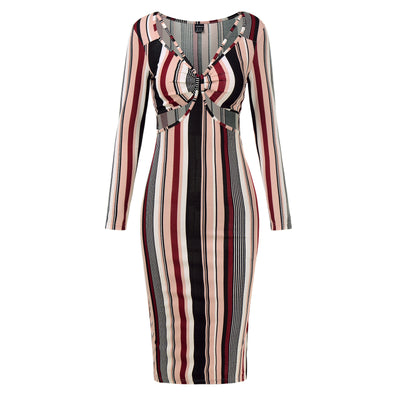 Vestido de Manga Larga a Rayas con Pecho Cruzado para Mujer - Image 3