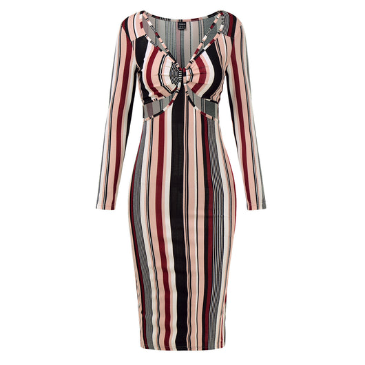 Vestido de Manga Larga a Rayas con Pecho Cruzado para Mujer - Image 3