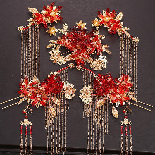Tocado Estilo Antiguo con Flores Rojas y Flecos - Corona de Pelo Nupcial - Image 5
